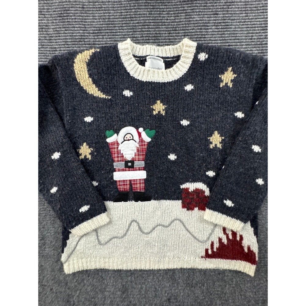 VTG Christopher & Banks Santa Claus Christmas Sweater Small Navy Blue Wool Blend